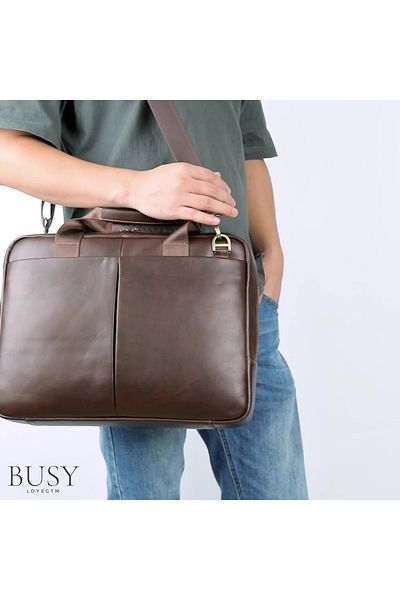 Busy Lady&Gentleman Flume 15.6' laptop bag, genuine leather, unisex briefcase, multiple compartments, brown