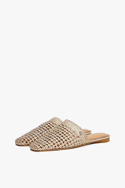 Tommy Hilfiger Women Metallic Look Crochet Crochet Knit Design Gold Slippers Fw0Fw08606-0Hs
