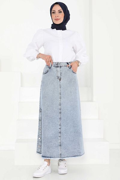 TOFİSA Skirt with Button Detail on Sides Ice Blue - 27161