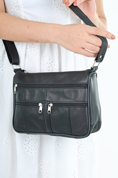 NahitaTyana Μαύρη δερμάτινη τσάντα ώμου και αγγελιοφόρου χωρίς κάλυμμα