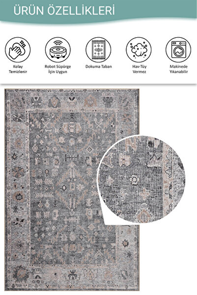ARTLOOP Stonart Eskitme Vintage Desenli Gri Otantik Yıkanabilir Şönil Halı AL 467