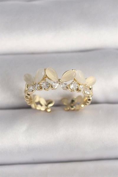 Clariss Brass Gold Color Zircon Stone Detailed White Enameled Butterfly Model Adjustable Ring