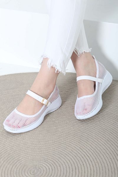 TOFİSA Women's White Belted Mesh Ballerina Shoes - 27144