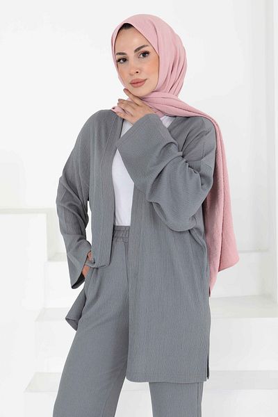 TOFİSA Kimono Suit with Pockets Gray - 27131