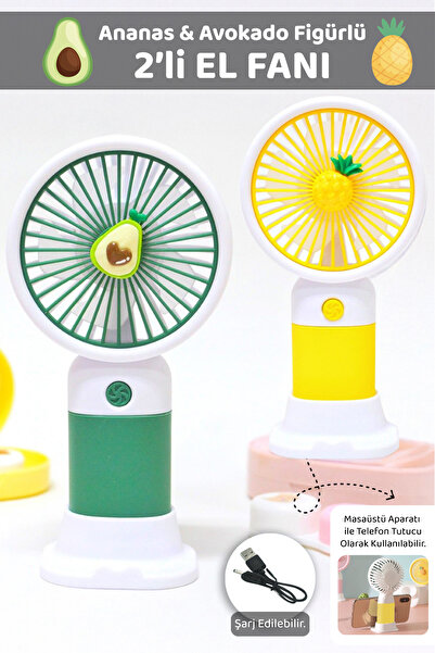 Meleni Home 2'li Figürlü Şarjlı El Fanı - Telefon Standlı Taşınabilir Soğutucu Mini Masa Fanı Yeşil Sarı