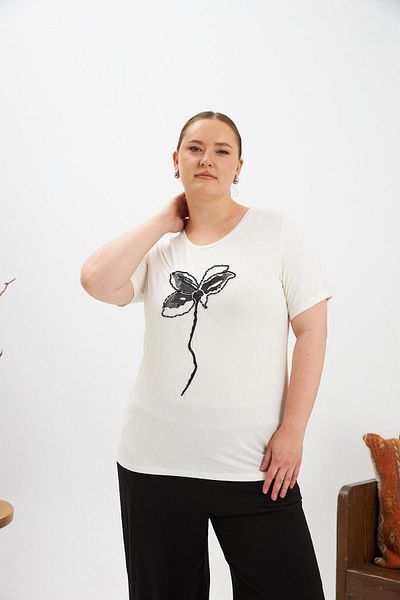 RMG Flower Print and Stone Detailed Large Size T-Shirt Ecru