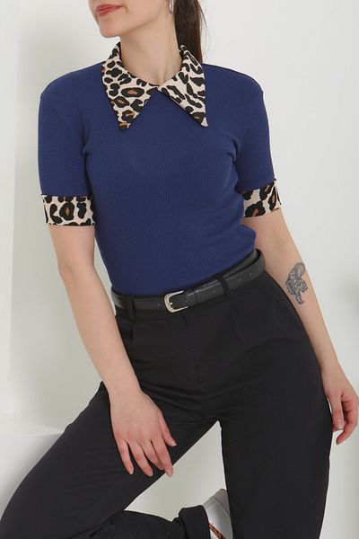 TOFİSA Leopard Collar Crop Navy Blue - 27136