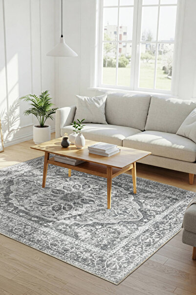 ARTLOOP Stonart Eskitme Vintage Desenli Gri Otantik Yıkanabilir Şönil Halı AL 457