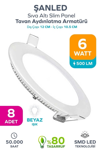 ŞANLED 6w Tasarruflu Led Yuvarlak Beyaz Işık Sıva Altı Slim Panel Tavan Aydınlatma Armatürü-8 Adettir