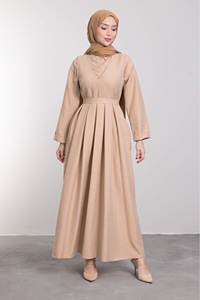 Lamia Giyim Tunik Parçalı V Yaka Tesettür Elbise Vizon