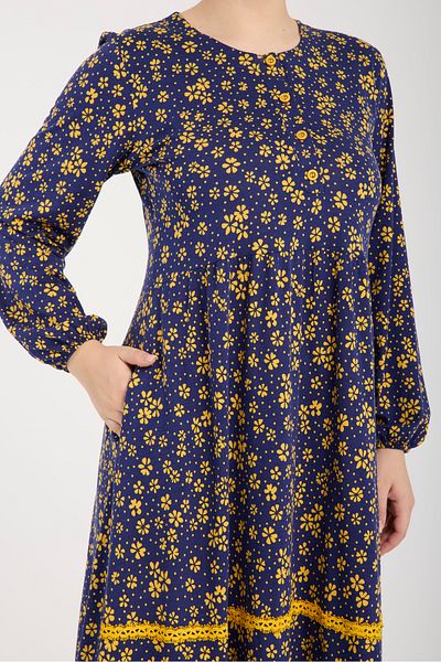 Wild Love Navy Blue Yellow Floral Patterned Large Size Long Sleeve Women's Dress