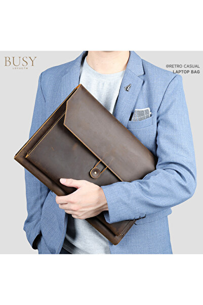 Busy Lady&Gentleman Husă de laptop Crazy Horse din piele naturală, Elegance, Slim, maro