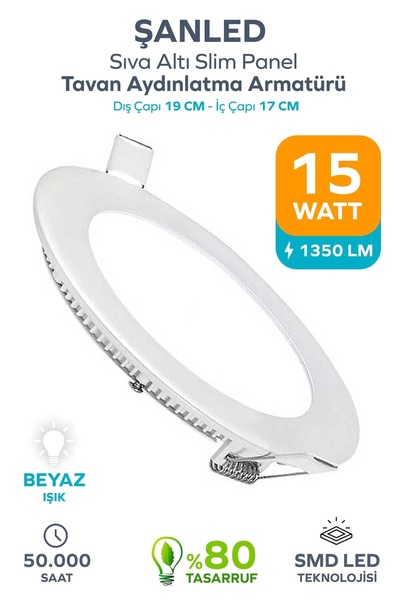 ŞANLED 15w Tasarruflu Led Yuvarlak Beyaz Işık Sıva Altı Slim Panel Tavan Aydınlatma Armatürü-1 Adettir