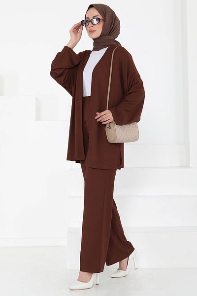 TOFİSA Kimono Set with Pockets Brown - 27131