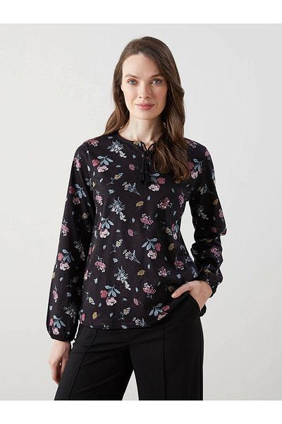 LC Waikiki Lcw Grace Black Lace-Up Collar Floral Women's Blouse