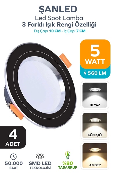 ŞANLED 5W 3 Renkli(Beyaz,Günışığı,Amber)Siyah Krom Kasa Led Spot Lamba- 4 ADETTİR
