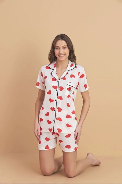 PİJAMERRY Pijamerry Viscose Fabric Shirt Collar Shorts Women Red Heart Patterned Pajamas Set