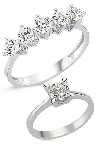 Takı Dükkanı Gümüş Beştaş ve Tektaş Yüzük Seti Sevgiliye Eşe Hediye wsr117tb