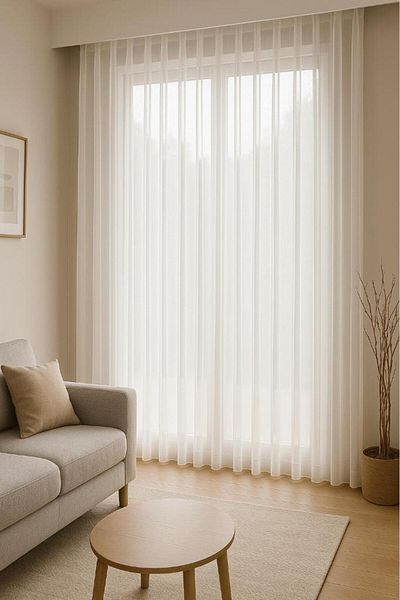 Miabella Home Greek Tulle Curtain Honeycomb Patterned 1/2 Sparse Pleat |   Ready Made Sewn Tulle Curtain |   Modern Ecru Tulle