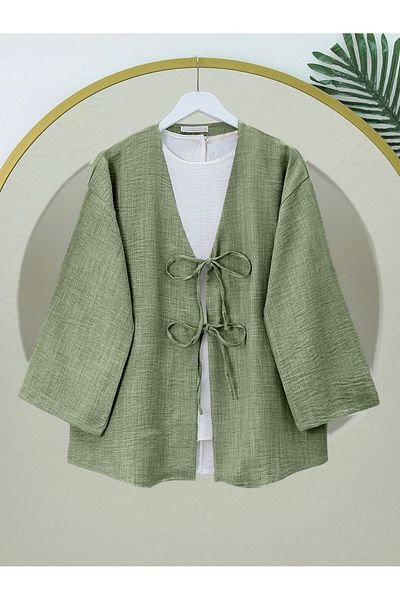 Modamorfo Lace Front Linen Kimono - Khaki