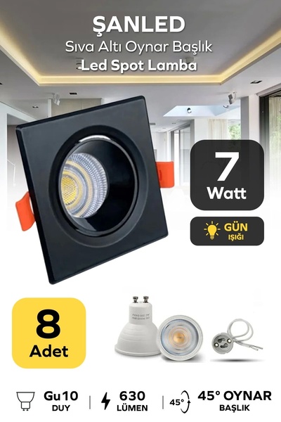 ŞANLED 7w Sıva Altı Oynar Başlık Gu10 Kare Siyah Kasa Gün Işığı Led Spot Lamb...
