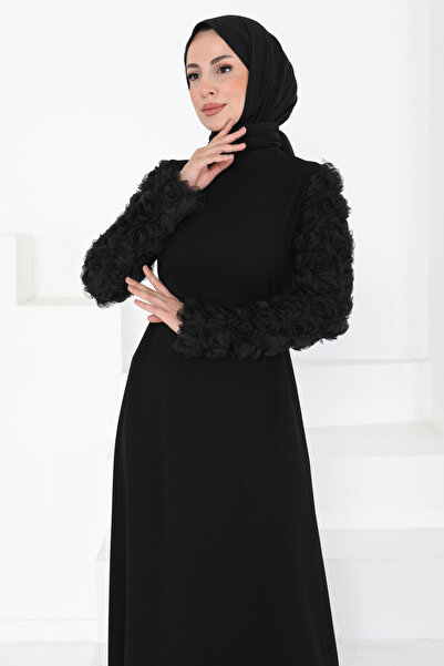 TOFİSA Kolu Güllü Elbise Siyah - 27185