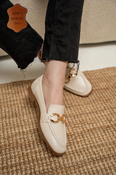 LAMİNTA Zeys Ecru Genuine Leather Loafer with Gold Accessories
