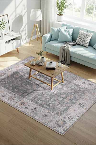 ARTLOOP Stonart Eskitme Vintage Desenli Gri Otantik Yıkanabilir Şönil Halı AL 467