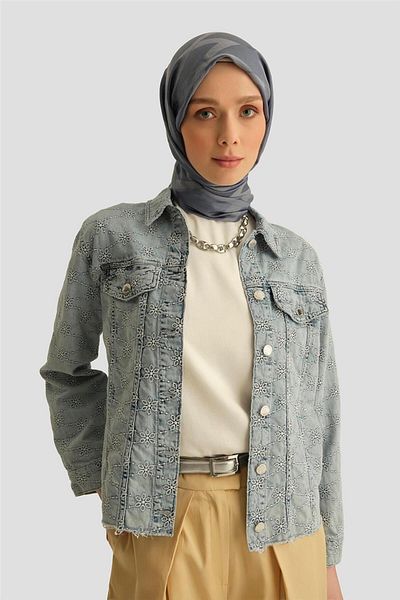Armine Jachetă din denim brodat Fisto 25YD9119 Albastru