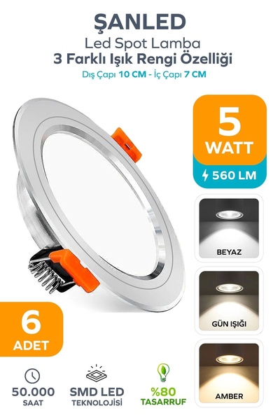ŞANLED 5W 3 Renkli(Beyaz,Günışığı,Amber)Beyaz Krom Kasa Led Spot Lamba- 6 ADETTİR