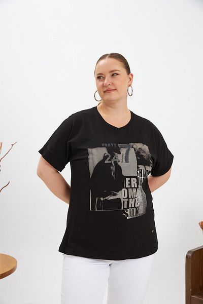 RMG Stone and Print Detailed Large Size T-Shirt Black