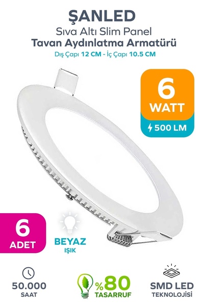 ŞANLED 6w Tasarruflu Led Yuvarlak Beyaz Işık Sıva Altı Slim Panel Tavan Aydınlatma Armatürü-6 Adettir