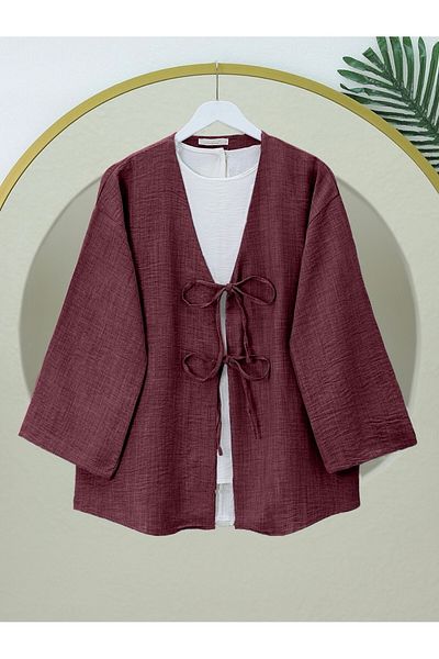 Modamorfo Lace Front Linen Kimono - Burgundy