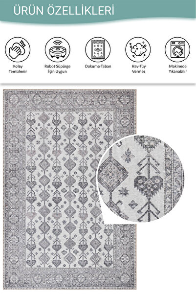 ARTLOOP Stonart Eskitme Vintage Desenli Bej/Gri Otantik Yıkanabilir Şönil Halı AL 448