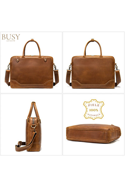 Busy Lady&Gentleman Geantă pentru laptop de 15,6 inch din piele naturală, Patrik, curea de umăr și mânere din piele, maro