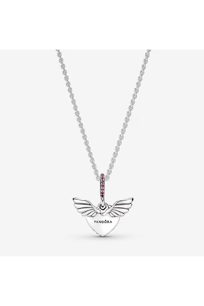 Pandora Colier Pandora cu Pandantiv tip inima pavé Zirconiu Roz si aripi de inger Argint 925 - 45cm