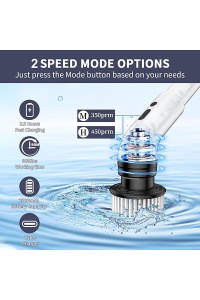 OEM Electric Rotating Brush for Cleaning, 9 Heads, 90 Minute Runtime, 450 RPM, 2 Speeds, White