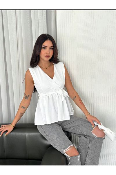 jöns since 1997 Women's Double Breasted Neck Belted Flowy Sleeveless White Blouse