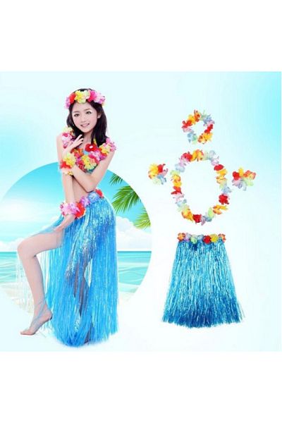 Findit Luau Aloha Hawaiian Party Skirt Crown and Bracelet Set Blue (2818)