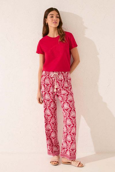 Women'secret Long viscose trouser with red leaf print