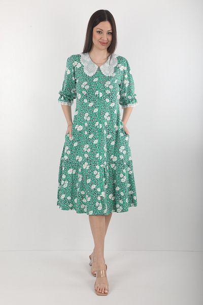 Wild Love Green Floral Pattern Lace Collar Zipper through Body Women Dress