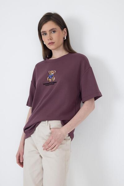Rays Tricou oversize cu guler rotund cu imprimeu Dusty Rose Teddy Bear 5530