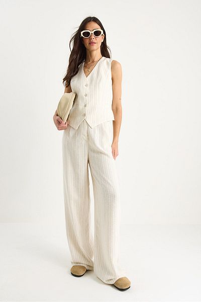 Bianco Lucci Women's Striped Striped Comfortable Vest Palazzo Trousers Linen Top and Bottom Set 9311 60281066