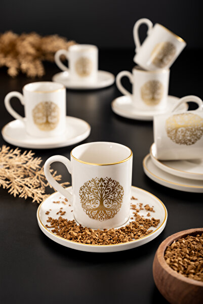 çarşıdayız 12 Parça 6 Kişilik Gold Yeni Hayat Ağacı Porselen Kahve Fincan Set...