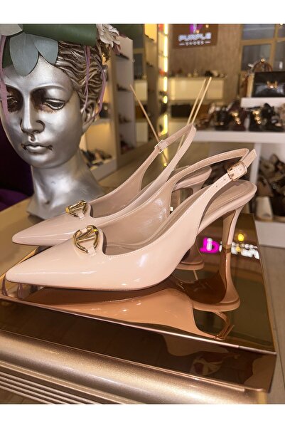 purple shoes Rugan bej , arkadı açık,alçak topuk stiletto