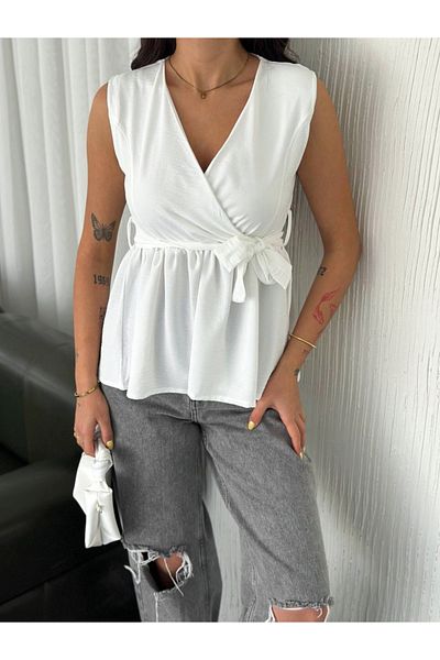 jöns since 1997 Women's Double Breasted Neck Belted Flowy Sleeveless White Blouse