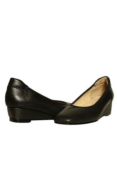 Platin Black Leather Women's Wedge Heeled Shoes