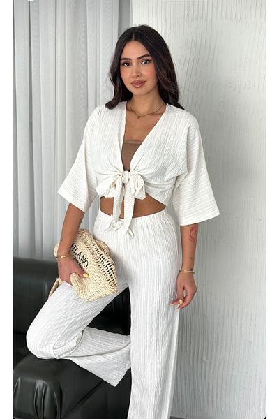 jöns since 1997 Women's Top Tie Blouse and Pants Cream Double Set