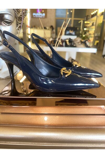 purple shoes Lacivert arkası açık rugan gold tokalı stiletto