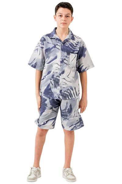 İrem Çocuk Giyim Boy's Tie Dye Patterned Blue Shirt Shorts Oversize Double Set